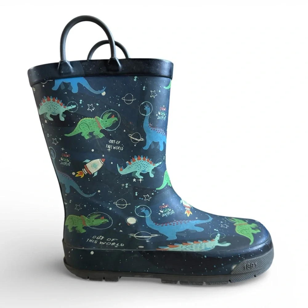 Western Chief Kids Waterproof Rain Boots Dino Space Navy Pull On Outdoor Size 13
